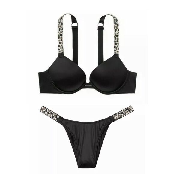 Victoria's Secret VERY SEXY Push-up shine strap Bra & Panty‎ Set 36DD / L Black